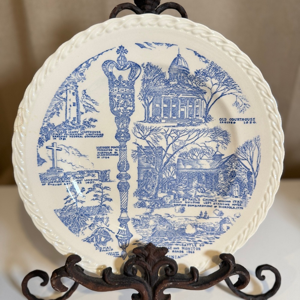 Vernon Kilns Norfolk Virginia Historic Tidewater Blue Transferware Plate 10.5in
